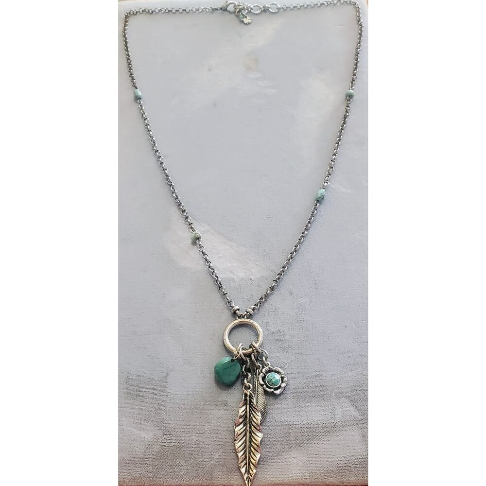 Vintage Boho Statement Necklace Leaf Faux Turquoise Bohemian Silver Tone 30” - Picture 2 of 8